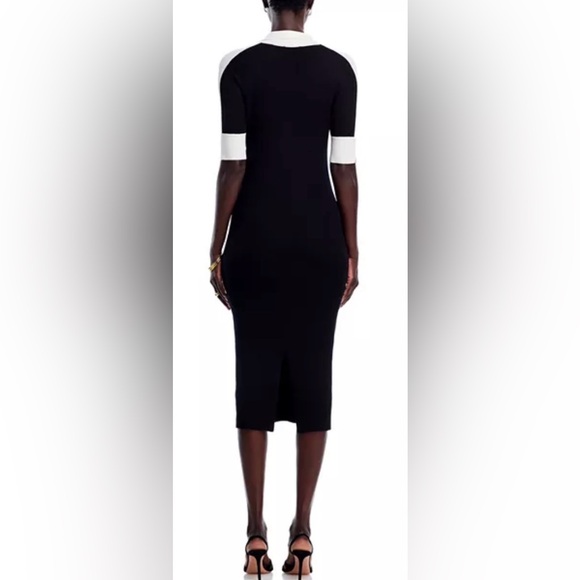 Tahari Elbow Sleeve Split V Neck Collar Rib Dress with Contrast Trim | size: S - Picture 2 of 8